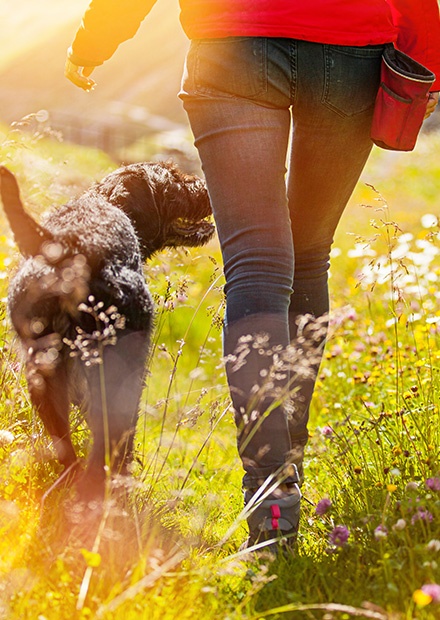 Woman and dog walking outdoors